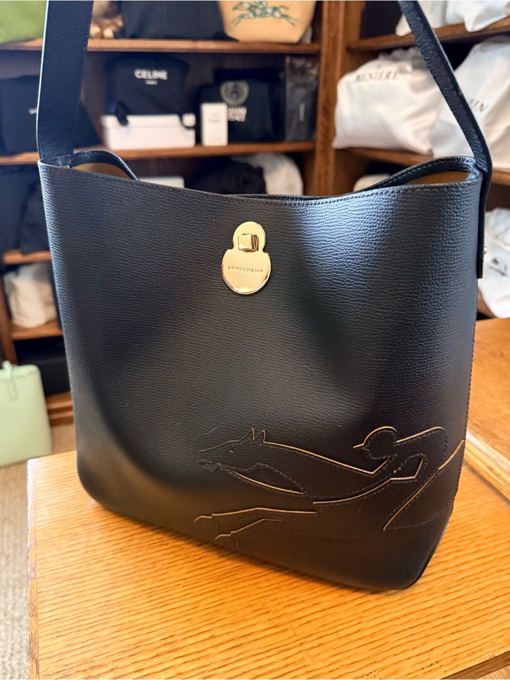 Longchamp “Shop-It” Black Embossed Leather Shoulder Tote w/Gold-Tone Hardware